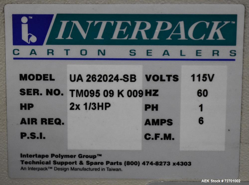 Used Interpack UA 262024-SB Uniform Automatic Case Sealer. Capable of up to 12 cases per minute. Size range of 6 to 26" long x 3.5 to 20" wide x 3.5 to 24" tall. 2" Wide top tape head. Side belt driv...