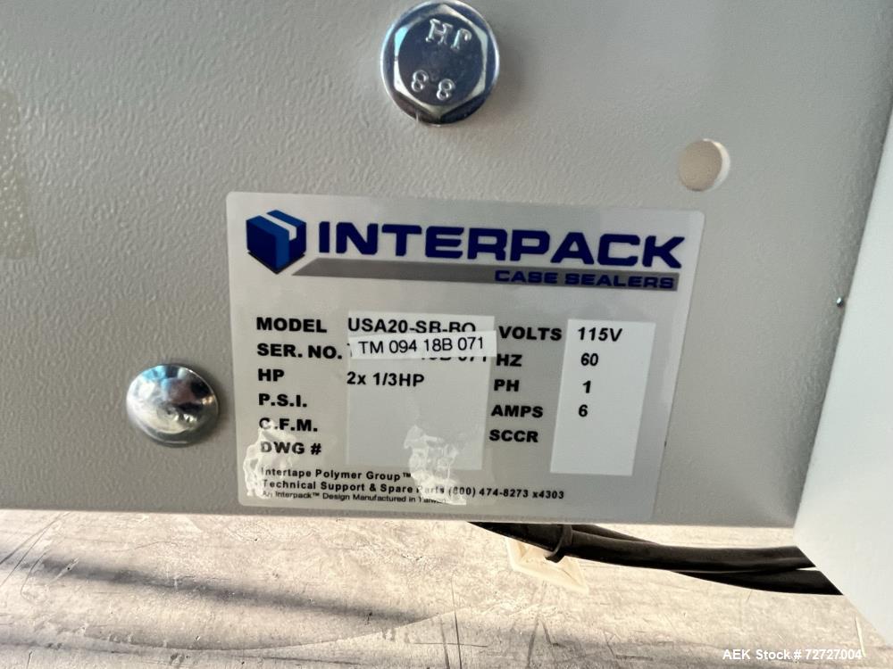 Used Interpack Top and Bottom Tape Case Sealer, Model USA20-SB-BO. Belt speed 82 feet per minute. Carton weight capacity up to 85lbs. Interpack HSD 2000-ET II standard tape head. Serial# TM 094 18B 0...