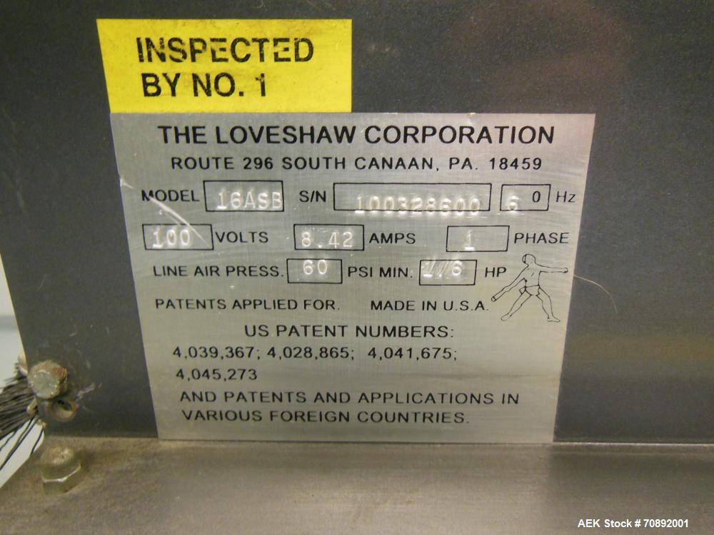 Used Loveshaw Little David Model LD16A Top and Bottom Automatic Case Sealer. Missing (1) tape head. Capable of speeds up to 60 feet per minute or 14 cases per minute. Case size range: (length) 8-1/2"...