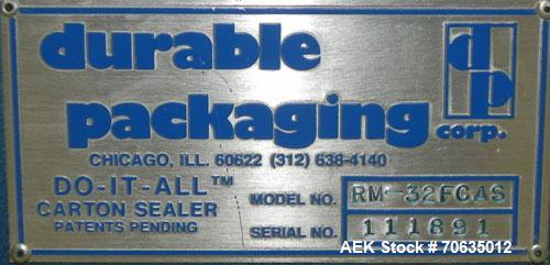 Used Durable Packaging Model RM-32FCAS Case Sealer. Machine is capable of speeds up to 40 cases per minute.Case size range: unlimited (length), 5" - 20" (width), 5" - 24" (height).Top and bottom 2" (...