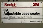 Used 3M Top and Bottom Adjustable Case Sealer, Model 8A, Type 18300, Carbon Steel. Up to 30 cases per minute. Case size range: length 6’’ to unlimited, width 4.5’’ to 20’’, height 4-3/4’’ to 20’’. Ma...