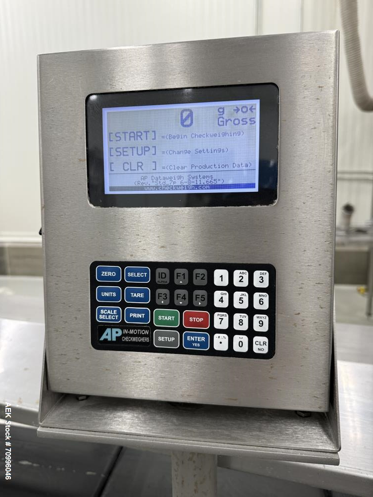 Used AP Dataweigh In Motion Model SR11-65K-#CG1-SS Checkweigher. Rated from 50 to 200 products per minute  depending on materials, application and machine configuration.Product weight range: up to 5,...