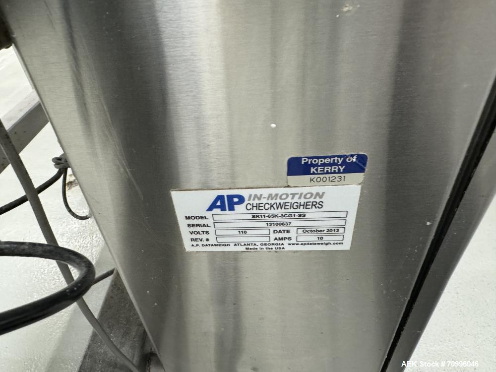 Used AP Dataweigh In Motion Model SR11-65K-#CG1-SS Checkweigher. Rated from 50 to 200 products per minute  depending on materials, application and machine configuration.Product weight range: up to 5,...