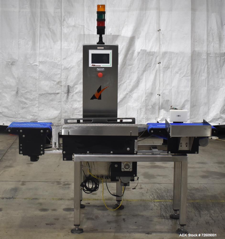 Used Alpha (All-Fill) Model CW-10 Checkweigher. Capable of speeds up to 250 packages per minute. Can handle package weights up to 9 lbs with dimensions up to 15" (long) X 10" (wide). Rated with a +/-...