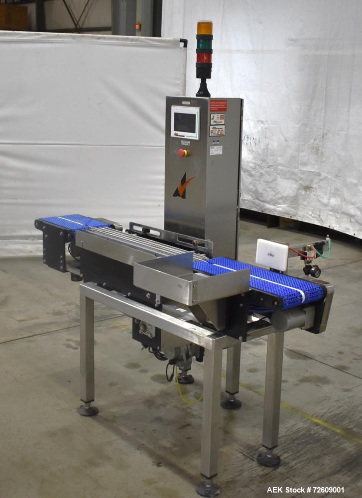 Used Alpha (All-Fill) Model CW-10 Checkweigher. Capable of speeds up to 250 packages per minute. Can handle package weights up to 9 lbs with dimensions up to 15" (long) X 10" (wide). Rated with a +/-...