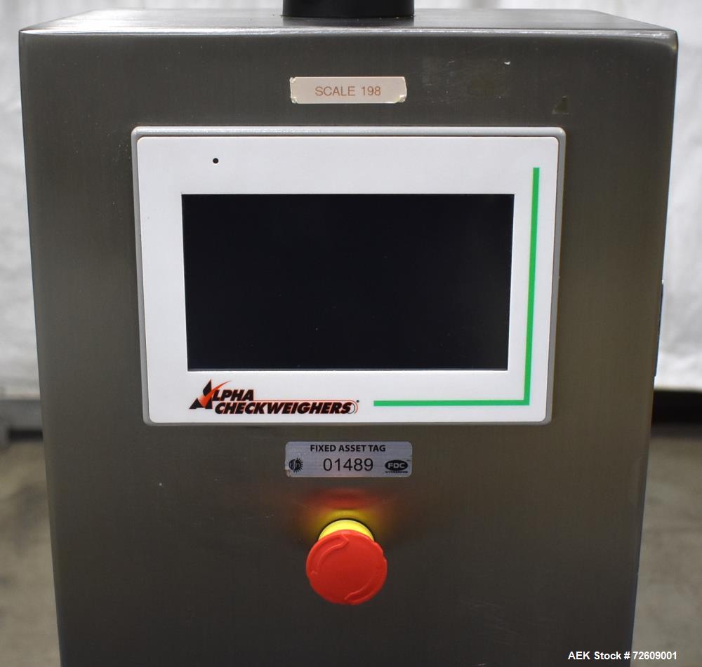 Used Alpha (All-Fill) Model CW-10 Checkweigher. Capable of speeds up to 250 packages per minute. Can handle package weights up to 9 lbs with dimensions up to 15" (long) X 10" (wide). Rated with a +/-...