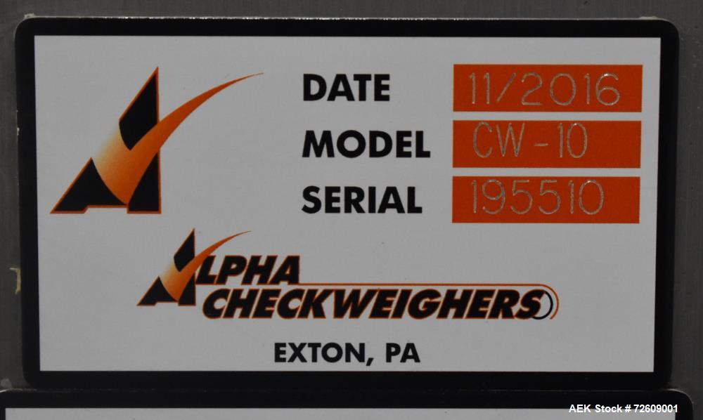 Used Alpha (All-Fill) Model CW-10 Checkweigher. Capable of speeds up to 250 packages per minute. Can handle package weights up to 9 lbs with dimensions up to 15" (long) X 10" (wide). Rated with a +/-...