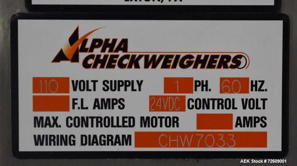 Used Alpha (All-Fill) Model CW-10 Checkweigher. Capable of speeds up to 250 packages per minute. Can handle package weights up to 9 lbs with dimensions up to 15" (long) X 10" (wide). Rated with a +/-...