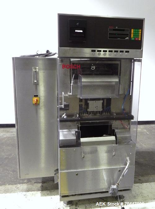 Used Bosch KKE 2000 Capsule/Tablet Checkweigher. Capable of speeds up to 2000 capsules per minute. Capsule size range:00, 0, 1, 2, 3 or 4 with changeparts. Weigh Range:40 to 2000mg with accuracies of...
