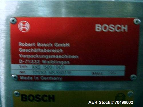 Used Bosch Model KKE1500 with BOB Capsule Checkweigher. Capable of handling hard gelatin capsules in sizes from 00, 0, 1-4 size ranges, with 0, 1, 2 and 4 size change parts, rated up to 1,500 capsule...