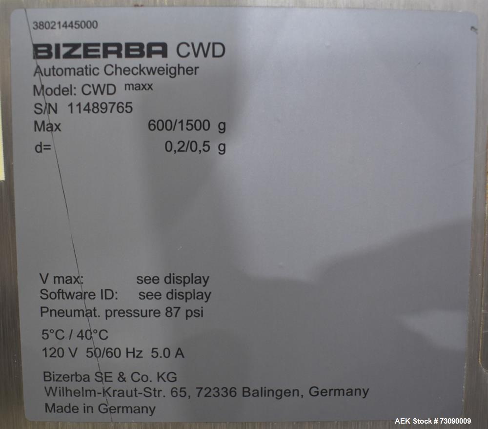 Used Bizerba Model CWD Dual Lane Checkweigher With Reject. Weight range: 600/1500 grams with accuracies 0.2/0.5 grams.