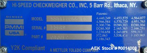 Used Hi Speed Mettler Toledo Container Checkweigher, Model SST1100SS-CM. Stainless steel side belt load cell mechanism with a weight range up to 50 pounds. Capable of speeds up to 250 packages per mi...
