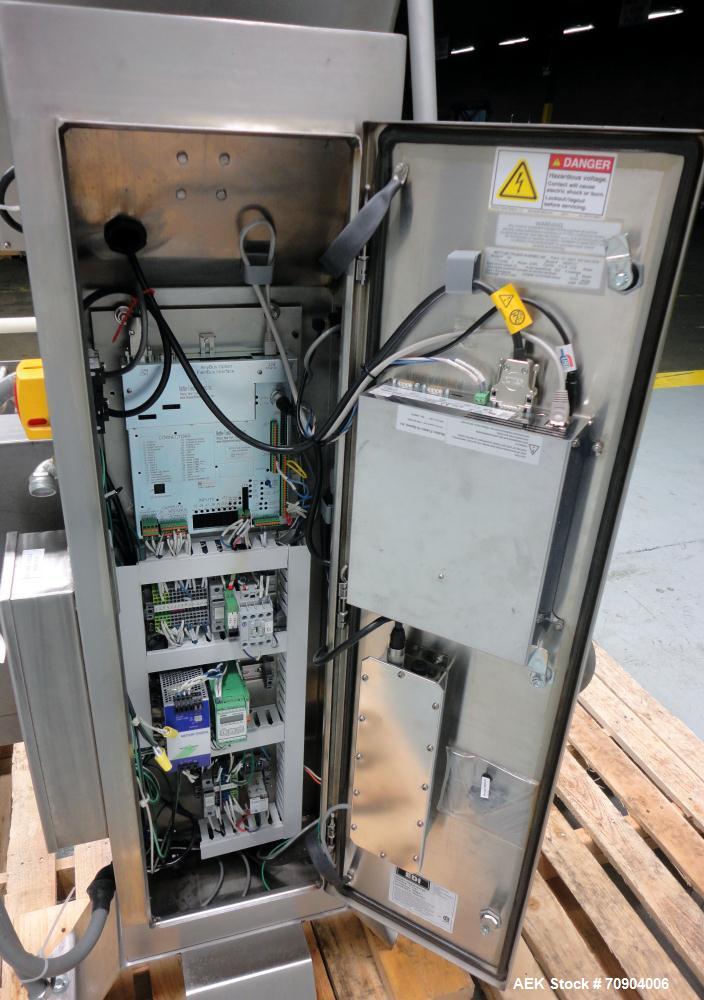 Used Mettler Toldeo XS Hi Speed Chain Checkweigher, Model CM9400-CM. Has the capacity to weigh up to 50 lbs., with a weigh pan length of 13". Currently set up to run 140 PPM, for carton size of 5.38"...