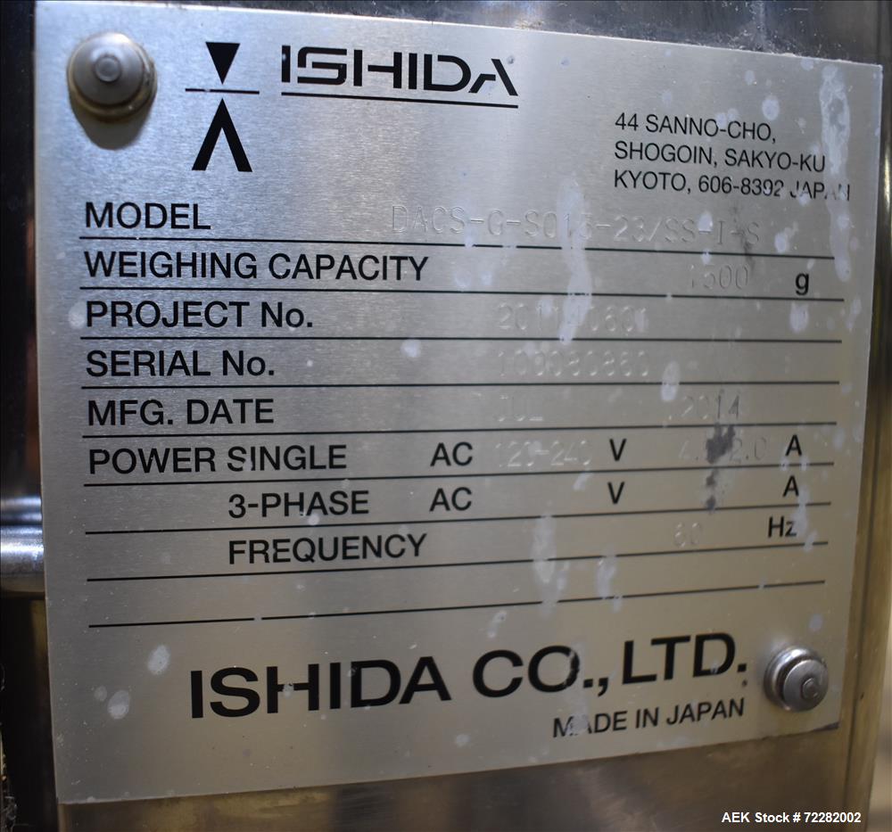 Used Ishida Belt Checkweigher, Model DACS. Checkweigher range is 0 to 1500 grams
