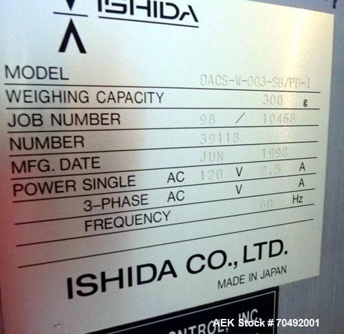 Used Ishida DACS Belt Checkweigher, Model DACS-W-003-SB/PB-I. Weighing range 3 to 300 gram, weighing speed maximum 330 WPM, weighing accuracy +/- 0.2g, minimum gradation 0.1g. Product dimensions:leng...