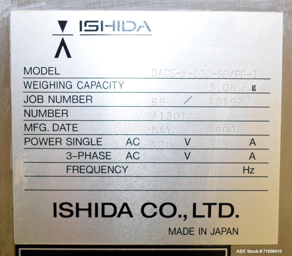 Used-Ishida Checkweigher, Model DACS-W-030-SB/PB-I, 3.0 Kg  Maximum Capacity.  Serial # 41301, built 1999.  Offered as-is, a...