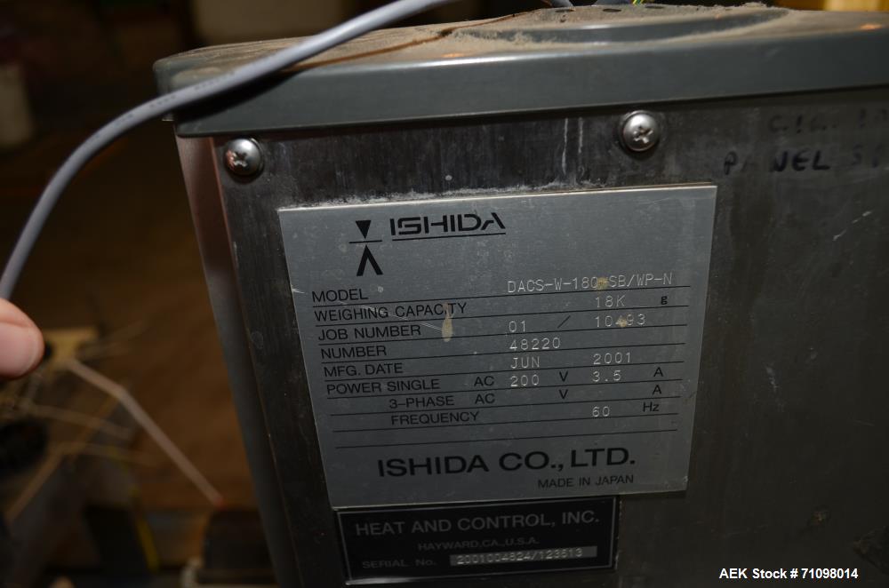 Used Ishida Model DACSW180SBWPN 18 Kg Maximum Capacity Full Case, Shipper sized Checkweigher with Reject Conveyor Section. Weighing range of 180 g - 18 kg. Maximum weighing speed 84 WPM. Weighing acc...