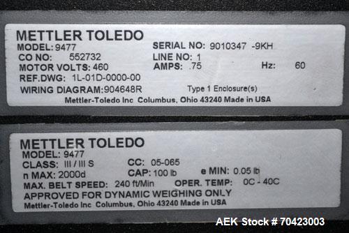 Used Mettler Toledo Model 9482 ExpressWeigh Checkweigher. Capable of 15 to 100 cartons per minute. Consisting of:  (1) Model 9482 Expressweigh controller, (1) Jagxtreme controller, (1) Model 9477 bel...