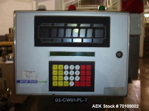 Used Mettler Toledo Hi-Speed Checkweigher, Model CS34000WD-mm.; 18" wide x 27" long belt. Mounted on a stainless steel frame with a Micromate control panel.