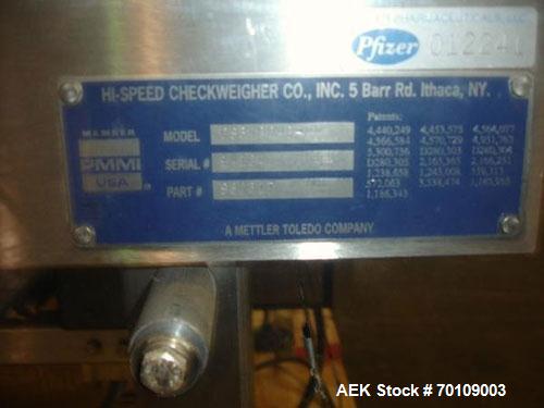 Used Mettler Toledo Hi-Speed Checkweigher, Model CS34000WD-mm.; 18" wide x 27" long belt. Mounted on a stainless steel frame with a Micromate control panel.