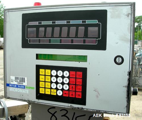 Used Mettler Toledo High Speed Checkweigher, model CS3400GI-MM. 18" wide x 20" long belt. Rated at 110 pound capacity, 60 ppm and 160 fpm. Unit includes a Micromate control panel and air operated rej...