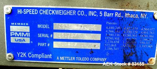 Used Mettler Toledo High Speed Checkweigher, model CS3400GI-MM. 18" wide x 20" long belt. Rated at 110 pound capacity, 60 ppm and 160 fpm. Unit includes a Micromate control panel and air operated rej...
