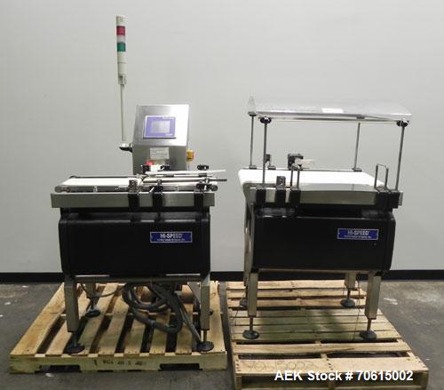Used Hi-Speed Mettler-Toledo Model XE Belt Check Weighing System. Capable of speeds up to 500 packages per minute.3 belt system,8"W x 17"L infeed solid belt, 8"W x17"L Load cell belt, 16"W x 32"L dis...