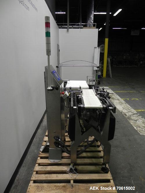 Used Hi-Speed Mettler-Toledo Model XE Belt Check Weighing System. Capable of speeds up to 500 packages per minute.3 belt system,8"W x 17"L infeed solid belt, 8"W x17"L Load cell belt, 16"W x 32"L dis...