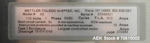 Used Hi-Speed Mettler-Toledo Model XE Belt Check Weighing System. Capable of speeds up to 500 packages per minute.3 belt system,8"W x 17"L infeed solid belt, 8"W x17"L Load cell belt, 16"W x 32"L dis...