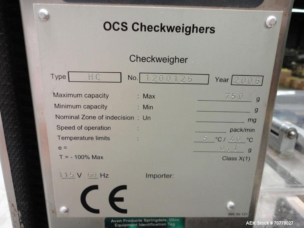Used OCS Model HC Belt Checkweigher. Machine is capable of speeds up to 100 packages per minute. Has wormscrew infeed with belt load cell and discharge. Maximum weight capacity: 750g with accuracies ...