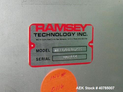 Used Ramsey Check Weigher, Model MK II/FR10/SS. 27" long x 7" wide mylar belt. Approximately 6 1/2" wide x 9" long weigh area.Includes control panel.Mounted on a stainless steel frame on 4 thread rod...