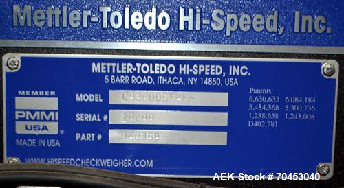 Used Mettler-Toledo Hi Speed CS3600GI-MM Belt Checkweigher. Has a 12" wide x 24" long belt conveyor. Weighing capacity up to 40 kg or 88 lbs. Line height adjustable from 22- 40". Line speed rated fro...