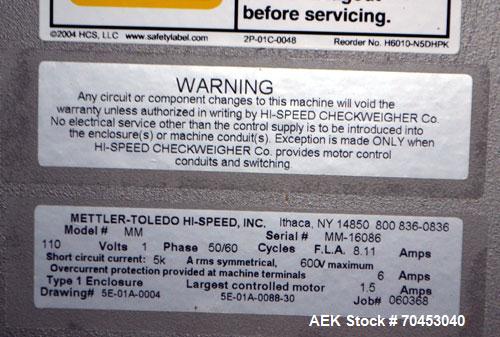 Used Mettler-Toledo Hi Speed CS3600GI-MM Belt Checkweigher. Has a 12" wide x 24" long belt conveyor. Weighing capacity up to 40 kg or 88 lbs. Line height adjustable from 22- 40". Line speed rated fro...