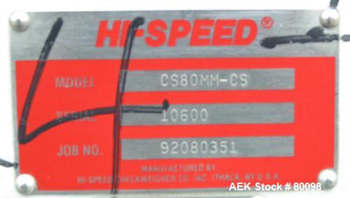 Used Hi-Speed model CS80MM-CS Checkmate high speed belt and scale weigh machine, 18" wide belt, serial #10600. Weight range is 1lb-15lbs at 15 packages per minute.
