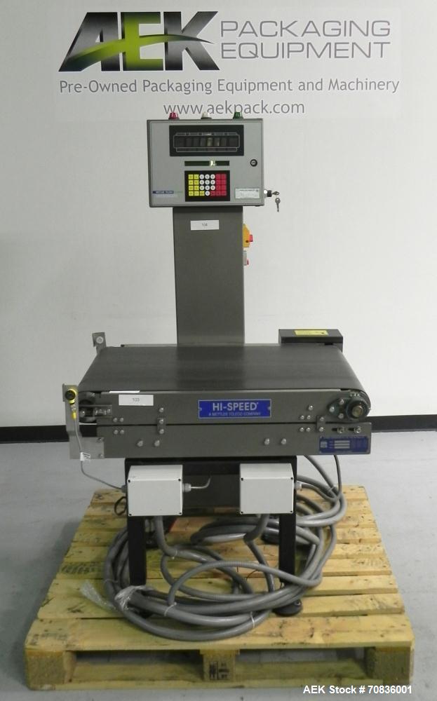 Used Mettler-Toledo Hi Speed Model Micro Mate CS3400GI-MM Case Checkweigher. Has a 18" wide x 33" long belt conveyor. Weighing capacity up to 40 kg or 88 lbs. sn 14842 pn 000560, 3/60/460V