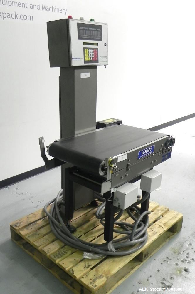 Used Mettler-Toledo Hi Speed Model Micro Mate CS3400GI-MM Case Checkweigher. Has a 18" wide x 33" long belt conveyor. Weighing capacity up to 40 kg or 88 lbs. sn 14842 pn 000560, 3/60/460V