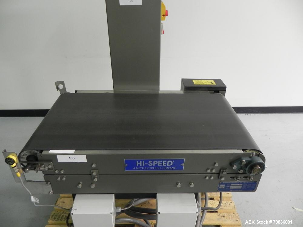 Used Mettler-Toledo Hi Speed Model Micro Mate CS3400GI-MM Case Checkweigher. Has a 18" wide x 33" long belt conveyor. Weighing capacity up to 40 kg or 88 lbs. sn 14842 pn 000560, 3/60/460V