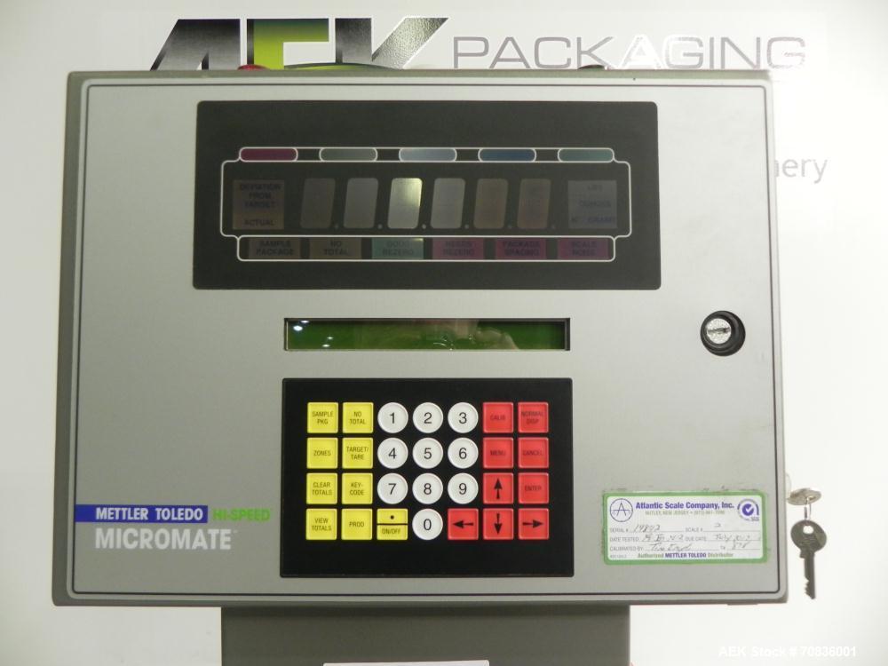 Used Mettler-Toledo Hi Speed Model Micro Mate CS3400GI-MM Case Checkweigher. Has a 18" wide x 33" long belt conveyor. Weighing capacity up to 40 kg or 88 lbs. sn 14842 pn 000560, 3/60/460V