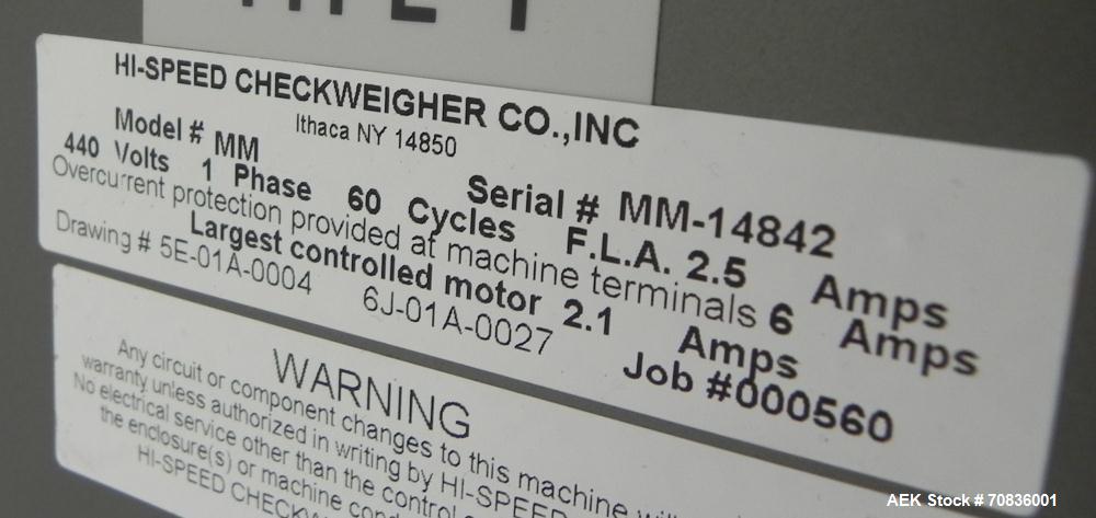 Used Mettler-Toledo Hi Speed Model Micro Mate CS3400GI-MM Case Checkweigher. Has a 18" wide x 33" long belt conveyor. Weighing capacity up to 40 kg or 88 lbs. sn 14842 pn 000560, 3/60/460V