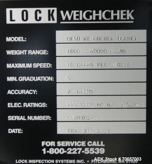 Used Lock Model WeighChek CK-50 Full Case Checkweigher. Machine has a maximum speed of up to 10 cases per minute (depending on case size). Has a weight range of 1,000 - 40,000 g with an accuracy rati...