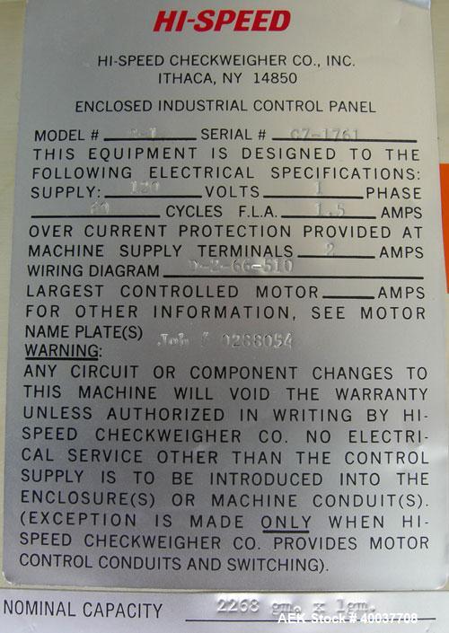 Used- Hi Speed Check Weigher, Model AP78C. (1) 8" wide x 11" long infeed conveyor, (1) 8" wide x 11" long discharge conveyor...