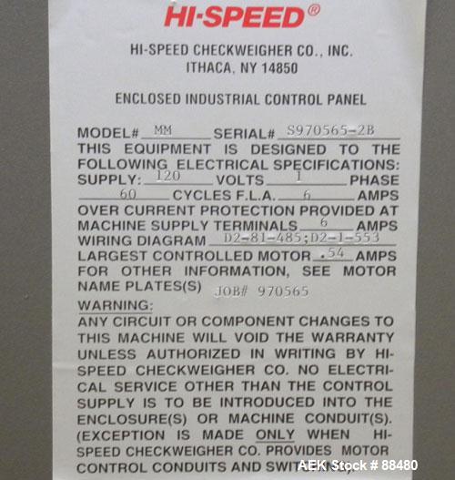 Used Hi-Speed Checkweigher, Model MM. Conveyor consists of8" wide x 12" long belt infeed, adjustable width plastic silent chain 9"L stationary, 10" long load cell and 14" wide staionary, 8" wide x 12...