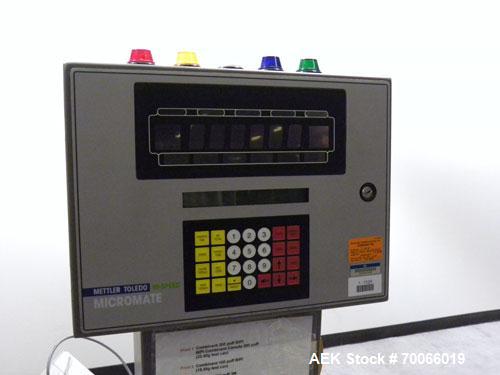 Used Mettler Toledo Hi-Speed Micromate Checkweigher, Model CM6300GI-MM. Accuracy from +/- 100 mg. Containers up to 450 cpm, size range: diameter 2-1/2’’ to 10’’, height depends on stability. Equipped...