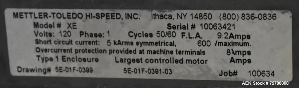Used Mettler-Toledo Safeline Hi-Speed Model XE Combination Metal Detector and Checkweigher. Capable of speeds up to 500 packages per minute. Capable of weighing product up to 7kg. Approximate 7-3/4" ...