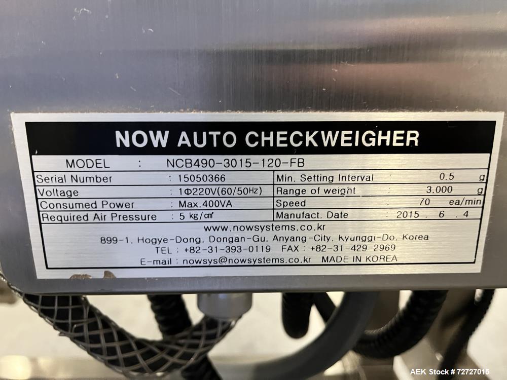 Used NOW Systems Combination Checkweigher & Metal Detector, Model NCB490-3015-120-FB. Weight range 0.5g - 3.000g. 70 ea/min speed. 1/50/60hz 220v requirements. Serial# 15050366, built 2015.