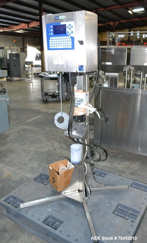 Used Imaje 9020 small character ink jet coder. Up to 4 line printing. Print speeds up to 4.4 m/s or (1,090 ft/min). Mounted on stand. Character height from 0.7mm to 18.2mm. SELLING PRICE, AS IS, WHER...