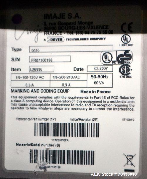 Used Imaje 9020 small character ink jet coder. Up to 4 line printing. Print speeds up to 4.4 m/s or (1,090 ft/min). Mounted on stand. Character height from 0.7mm to 18.2mm. SELLING PRICE, AS IS, WHER...