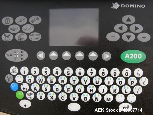 Used Domino A200 Small Character Ink Jet Coder, Model A200. Can print up to four lines of type with a variety of print formats including Logos, bar codes, automatic serial numbering/batch coding. Hig...