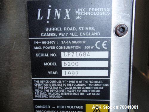 Used Linx Jet-A-Mark Continuous Ink Jet Printer, Series 6200. Lines of print 1, 2, 3, or 4. Maximum speed: single line print at ideal pitch (midi printhead) 2.57 m/s. Maximum number of characters per...
