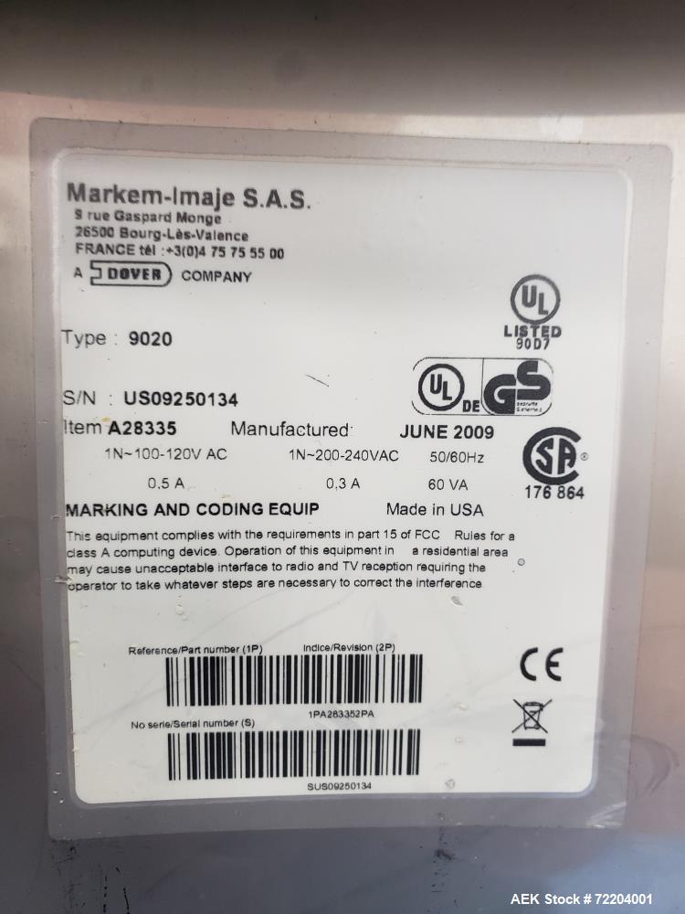 Used Markem-Imaje SAS Coder, Model 9020. On stand. built 2009